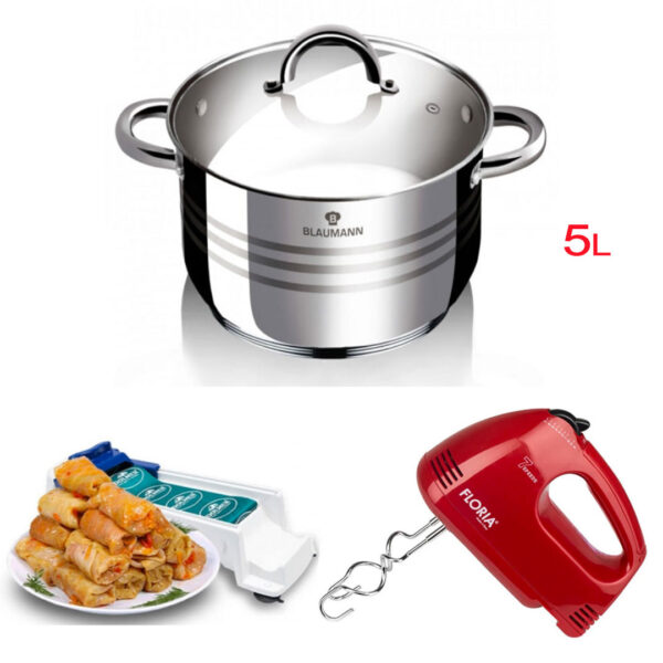Oala din inox cu capac din sticla termorezistenta, 5L, Blaumann For Youre Home + Mixer Electric Cu 7 Viteze Zilan ZLN7567 + Aparat De Facut Sarmale Dolmer