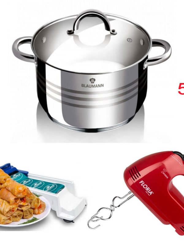 Oala din inox cu capac din sticla termorezistenta, 5L, Blaumann For Youre Home + Mixer Electric Cu 7 Viteze Zilan ZLN7567 + Aparat De Facut Sarmale Dolmer