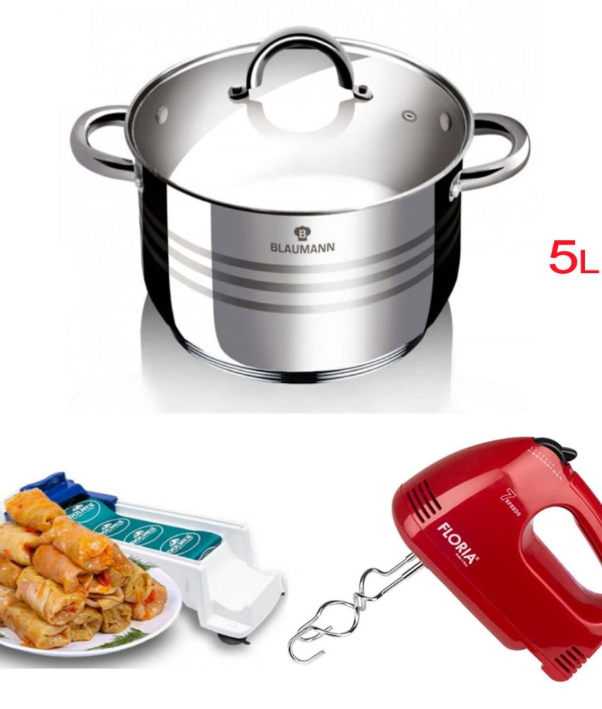 Oala din inox cu capac din sticla termorezistenta, 5L, Blaumann For Youre Home + Mixer Electric Cu 7 Viteze Zilan ZLN7567 + Aparat De Facut Sarmale Dolmer
