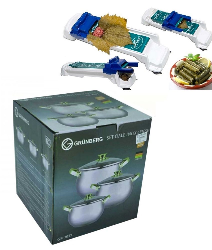 Set 3 oale din inox cu capace din sticla , 5.5L, 7L, 8.5L, Grunberg GR10573 + aparat de rulat sarmale Dolmer