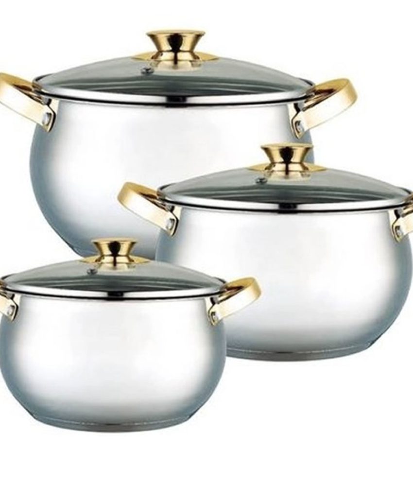 Set 3 oale din inox cu capace din sticla , 4L, 5,5L, 7L, Grunberg GR1057, baza triplu capsulata + Set 6 ustensile de bucatarie + Set 5 boluri din sticla cu capace + Cadou Chopper manual