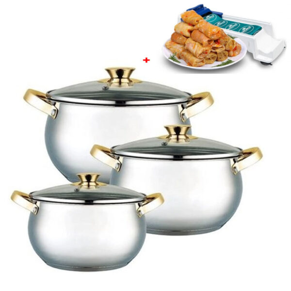 Set 3 oale din inox cu capace din sticla , 5.5L, 7L, 8.5L, Grunberg GR10573 + aparat de rulat sarmale Dolmer