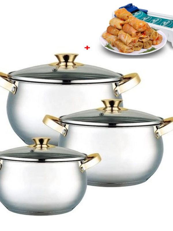 Set 3 oale din inox cu capace din sticla , 5.5L, 7L, 8.5L, Grunberg GR10573 + aparat de rulat sarmale Dolmer