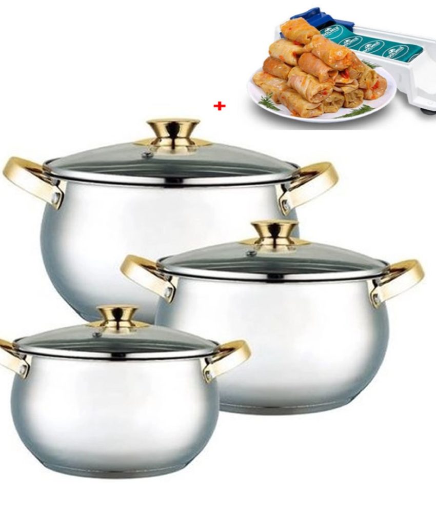Set 3 oale din inox cu capace din sticla , 5.5L, 7L, 8.5L, Grunberg GR10573 + aparat de rulat sarmale Dolmer