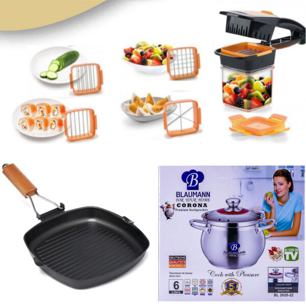 Oala din inox cu capac din sticla termorezistenta, 6L, Blaumann For Youre Home + Tigaie grill + Razatoare Nicer Dicer Quick 5 In 1