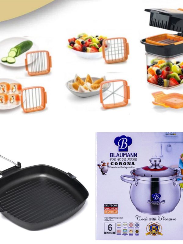Oala din inox cu capac din sticla termorezistenta, 6L, Blaumann For Youre Home + Tigaie grill + Razatoare Nicer Dicer Quick 5 In 1