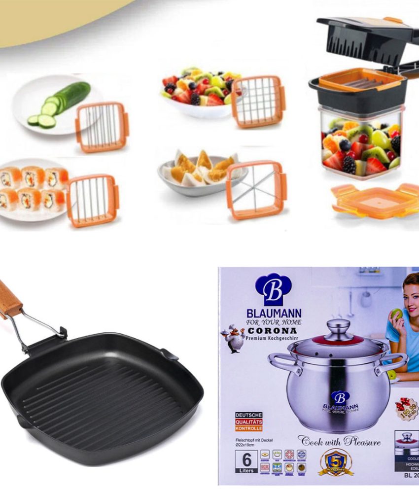 Oala din inox cu capac din sticla termorezistenta, 6L, Blaumann For Youre Home + Tigaie grill + Razatoare Nicer Dicer Quick 5 In 1