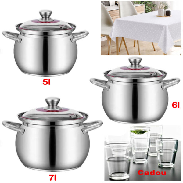 Set de gatit Blaumann For Your Home, 3 oale inox + capace + Fata de masa alba, Jaquard, pentru 6 persoane + Cadou Set 6 pahare sticla