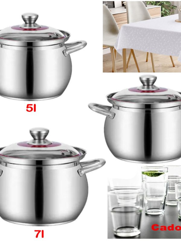 Set de gatit Blaumann For Your Home, 3 oale inox + capace + Fata de masa alba, Jaquard, pentru 6 persoane + Cadou Set 6 pahare sticla