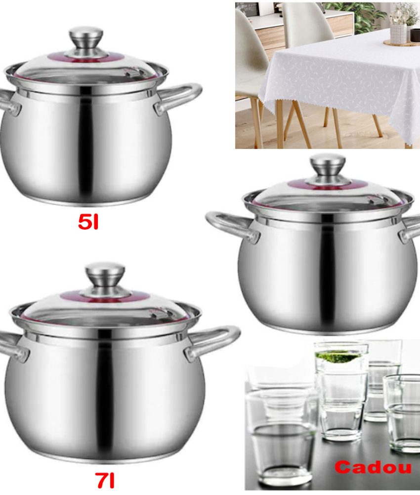 Set de gatit Blaumann For Your Home, 3 oale inox + capace + Fata de masa alba, Jaquard, pentru 6 persoane + Cadou Set 6 pahare sticla