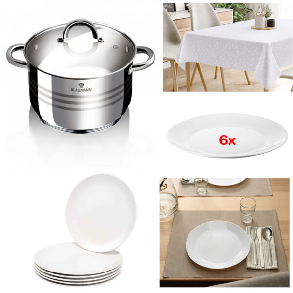 Oala din inox cu capac din sticla termorezistenta, 7L, Blaumann For Youre Home + Set 6 farfurii intinse 25 cm + Fata de masa alba pentru 6 persoane 150x220cm