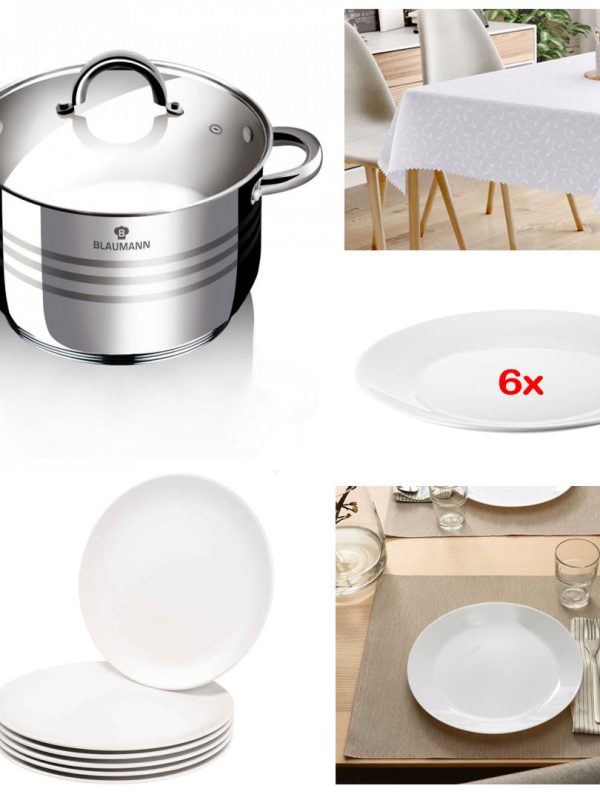Oala din inox cu capac din sticla termorezistenta, 7L, Blaumann For Youre Home + Set 6 farfurii intinse 25 cm + Fata de masa alba pentru 6 persoane 150x220cm