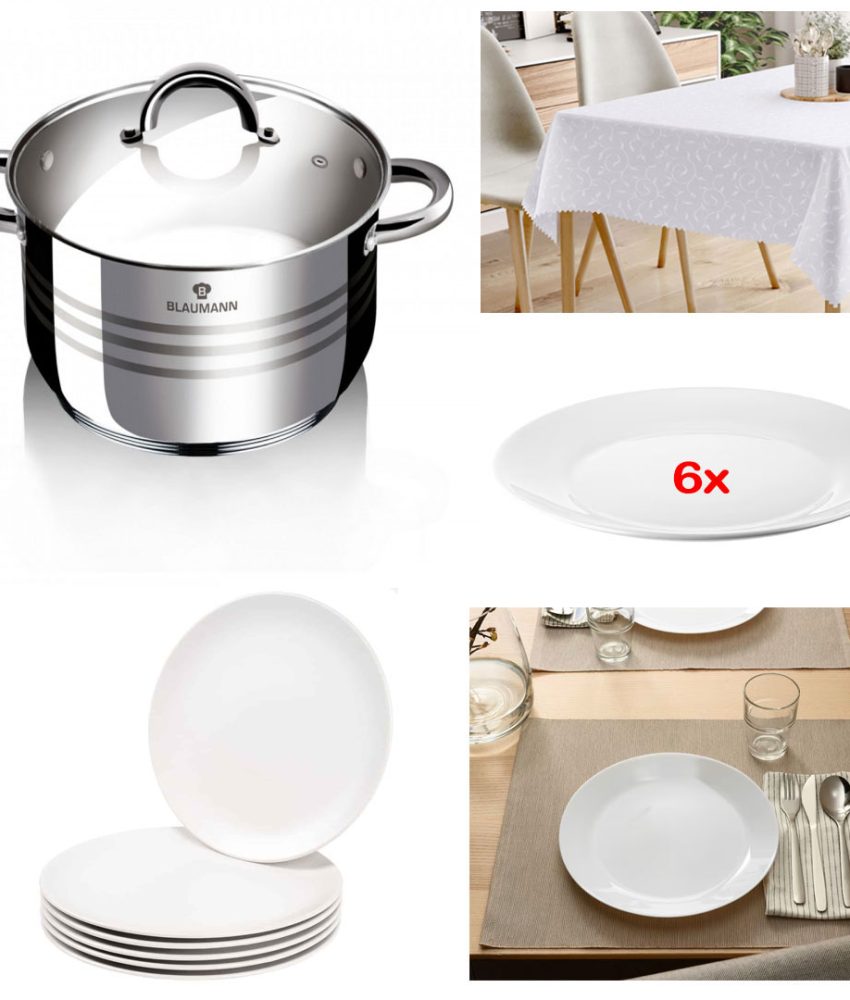 Oala din inox cu capac din sticla termorezistenta, 7L, Blaumann For Youre Home + Set 6 farfurii intinse 25 cm + Fata de masa alba pentru 6 persoane 150x220cm