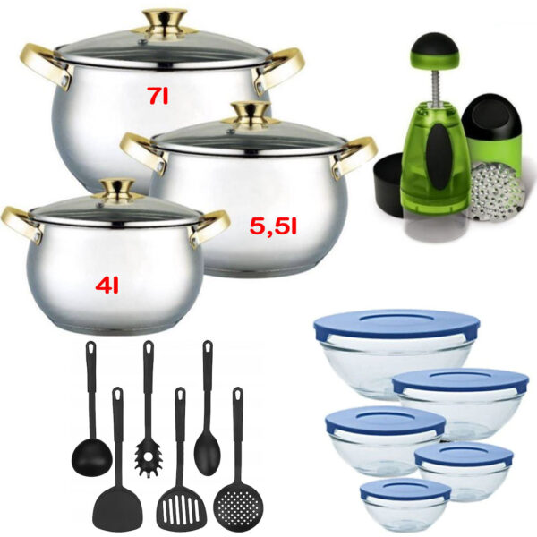 Set 3 oale din inox cu capace din sticla , 4L, 5,5L, 7L, Grunberg GR1057, baza triplu capsulata + Set 6 ustensile de bucatarie + Set 5 boluri din sticla cu capace + Cadou Chopper manual