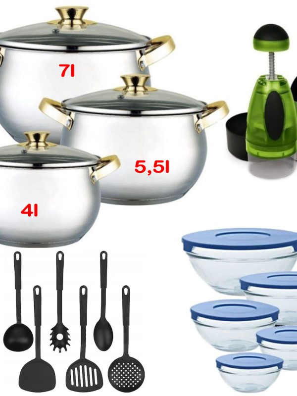 Set 3 oale din inox cu capace din sticla , 4L, 5,5L, 7L, Grunberg GR1057, baza triplu capsulata + Set 6 ustensile de bucatarie + Set 5 boluri din sticla cu capace + Cadou Chopper manual