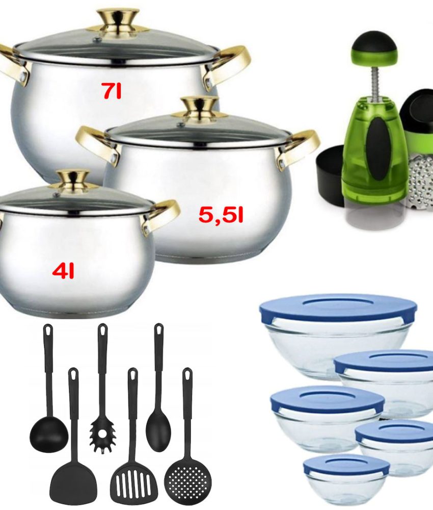 Set 3 oale din inox cu capace din sticla , 4L, 5,5L, 7L, Grunberg GR1057, baza triplu capsulata + Set 6 ustensile de bucatarie + Set 5 boluri din sticla cu capace + Cadou Chopper manual