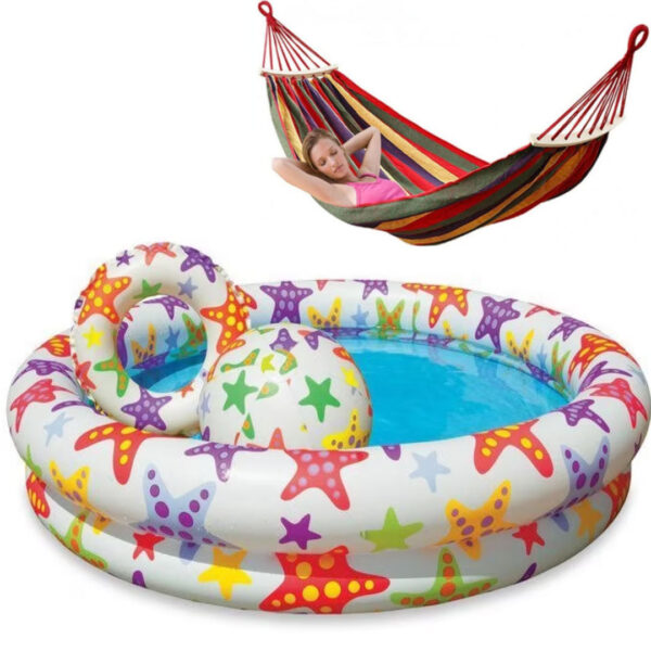 Piscina gonflabila Intex 3 piese, cu minge si colac, Multicolor + Hamac Bumbac, Multicolor, 80/200 cm