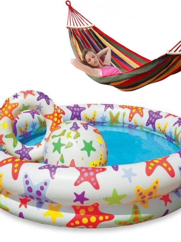 Piscina gonflabila Intex 3 piese, cu minge si colac, Multicolor + Hamac Bumbac, Multicolor, 80/200 cm