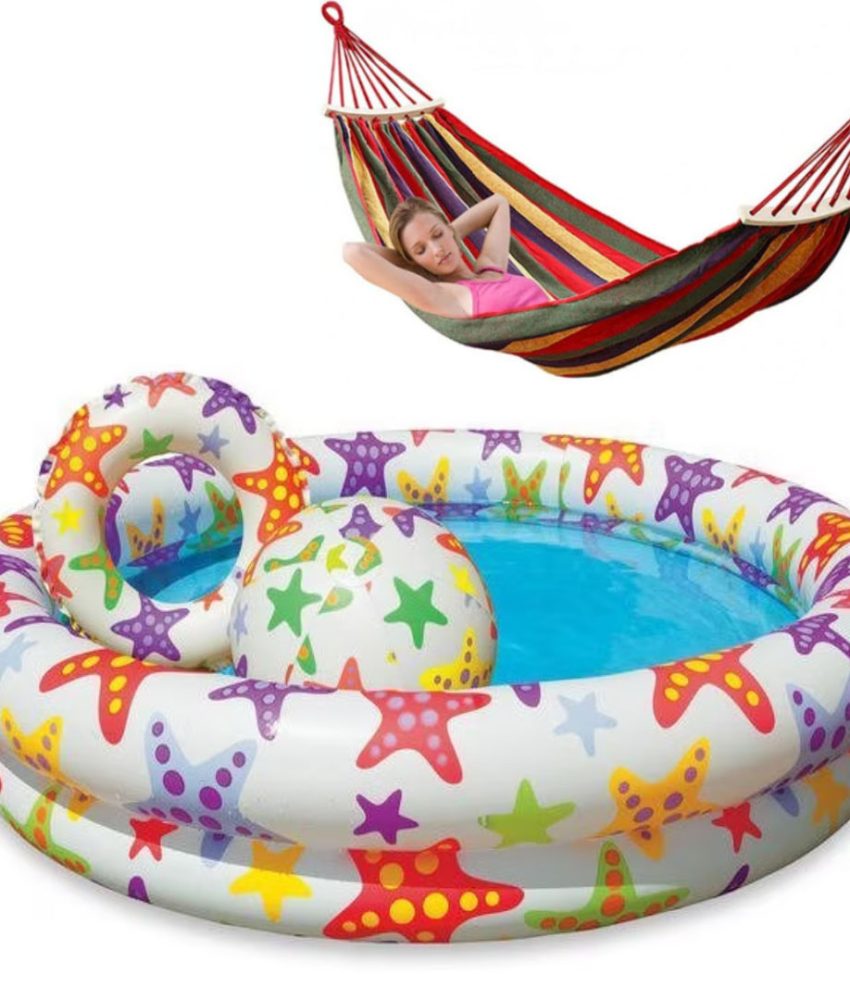 Piscina gonflabila Intex 3 piese, cu minge si colac, Multicolor + Hamac Bumbac, Multicolor, 80/200 cm