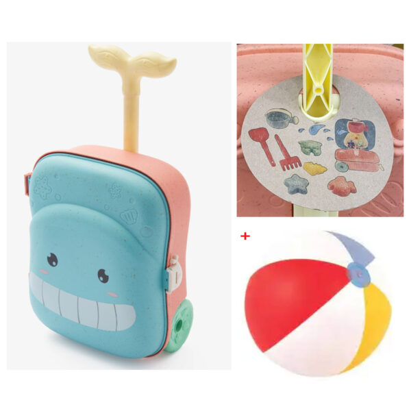 Troller cu jucării de nisip 7 piese, stropitoare, forme, grebla, lopatica + Minge gonflabila plaja 61cm