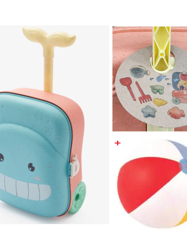 Troller cu jucării de nisip 7 piese, stropitoare, forme, grebla, lopatica + Minge gonflabila plaja 61cm