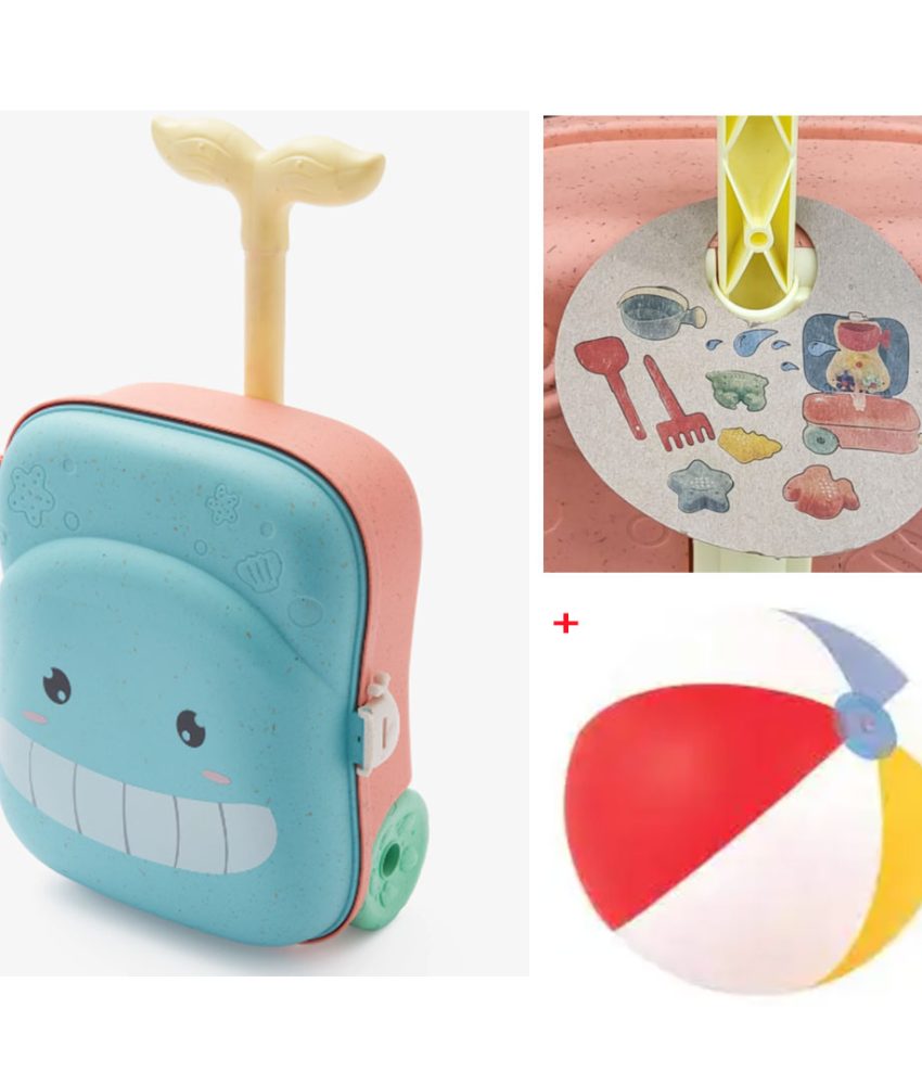 Troller cu jucării de nisip 7 piese, stropitoare, forme, grebla, lopatica + Minge gonflabila plaja 61cm