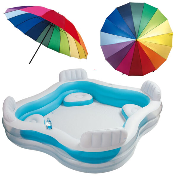 Piscina gonflabila Family Intex Swim Center 56475, 229x229x66 cm + Cadou Umbrela Rainbow, rezistenta la vant, structura metal