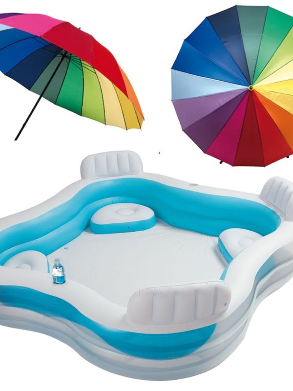 Piscina gonflabila Family Intex Swim Center 56475, 229x229x66 cm + Cadou Umbrela Rainbow, rezistenta la vant, structura metal