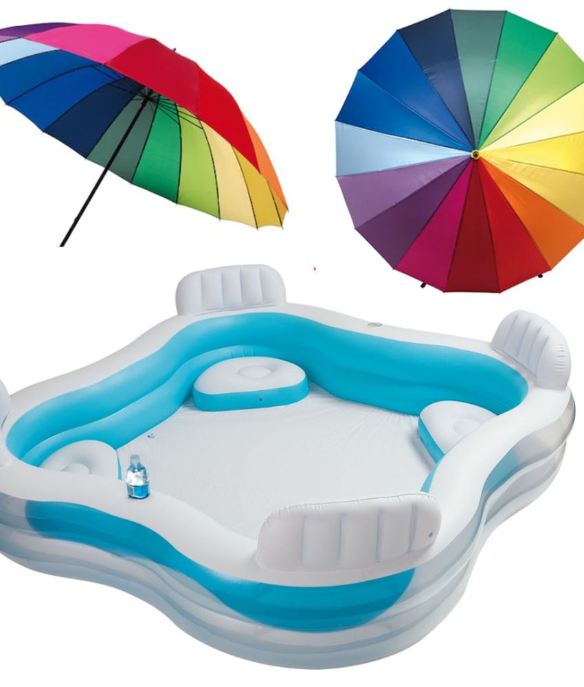 Piscina gonflabila Family Intex Swim Center 56475, 229x229x66 cm + Cadou Umbrela Rainbow, rezistenta la vant, structura metal