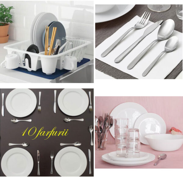Set 10 Farfurii PREMIUM + Set 16 Tacamuri INOX + Uscator de vase pentru farfurii, tacamuri, pahare, alb