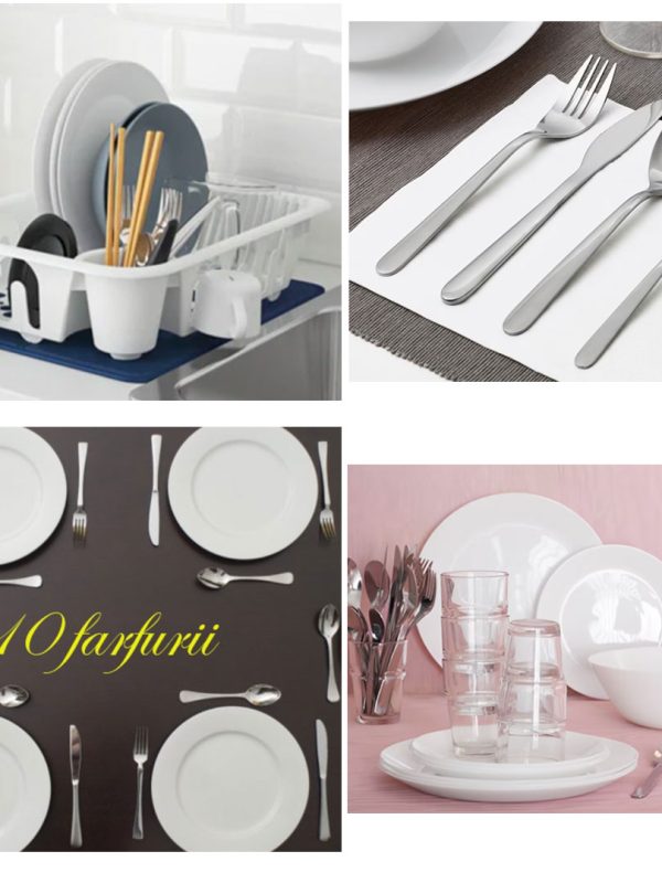 Set 10 Farfurii PREMIUM + Set 16 Tacamuri INOX + Uscator de vase pentru farfurii, tacamuri, pahare, alb