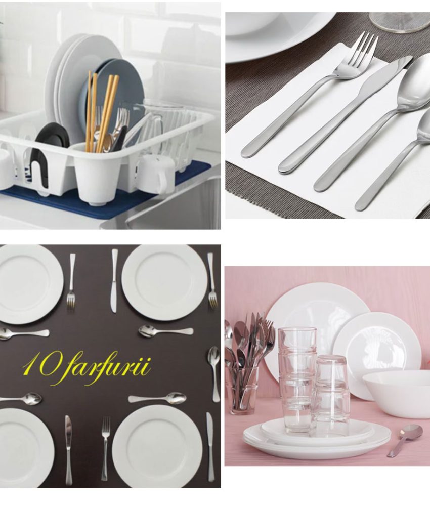 Set 10 Farfurii PREMIUM + Set 16 Tacamuri INOX + Uscator de vase pentru farfurii, tacamuri, pahare, alb