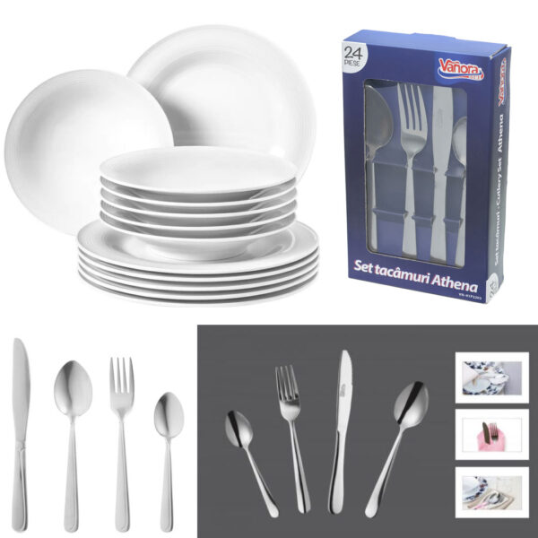 Set 12 farfurii Luxury, sticla securizata, alb + Set 24 tacamuri inox, Vanora