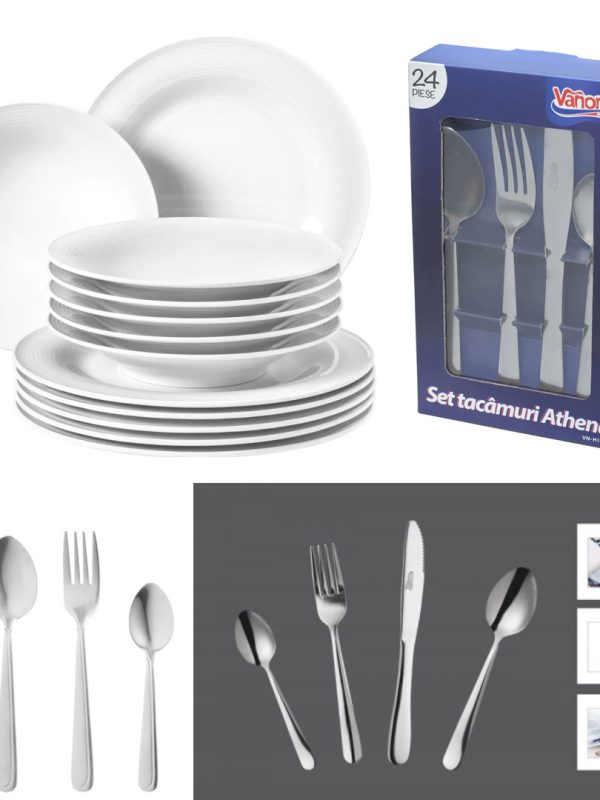 Set 12 farfurii Luxury, sticla securizata, alb + Set 24 tacamuri inox, Vanora