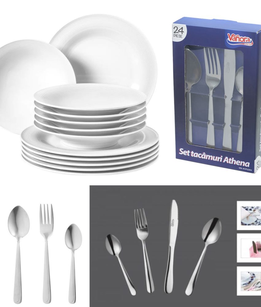 Set 12 farfurii Luxury, sticla securizata, alb + Set 24 tacamuri inox, Vanora