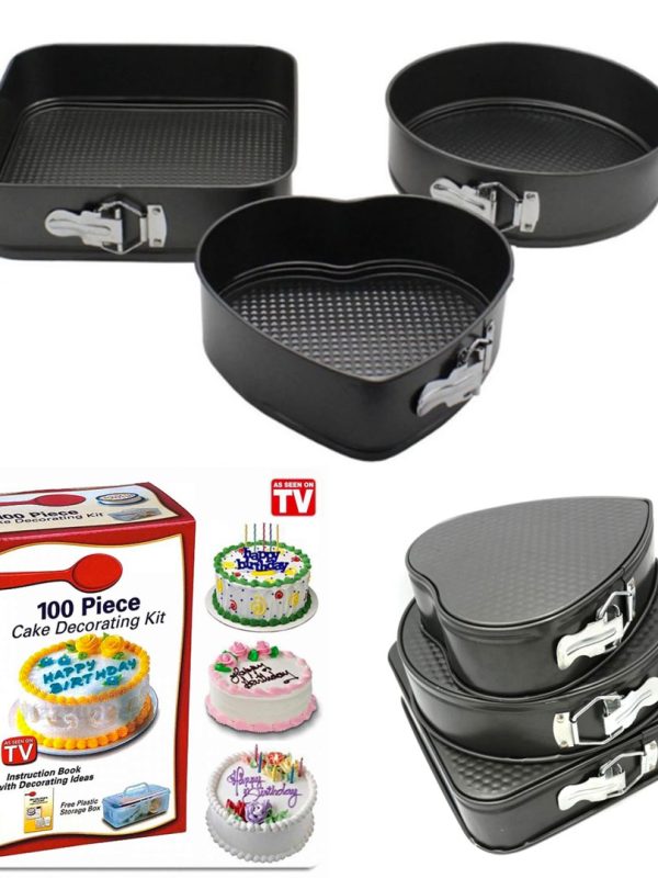 Set 3 Tavi de prajituri, cu baza detasabila si forme diferite + Kit 100 piese pentru decorarea torturilor!