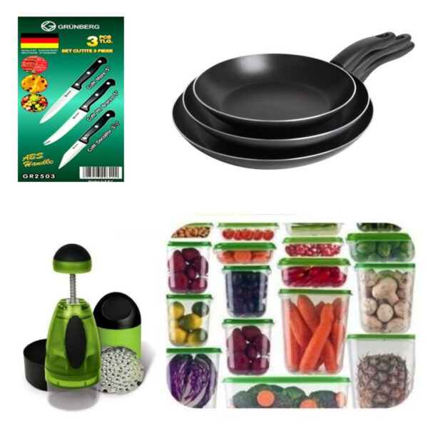 Set 3 Tigai teflon + 17 Caserole cu capace + Tocatar fructe si legume, Amazing Chopper + Cadou Set 3 cutite inox