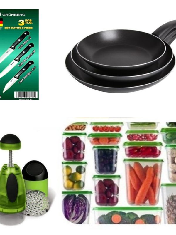 Set 3 Tigai teflon + 17 Caserole cu capace + Tocatar fructe si legume, Amazing Chopper + Cadou Set 3 cutite inox