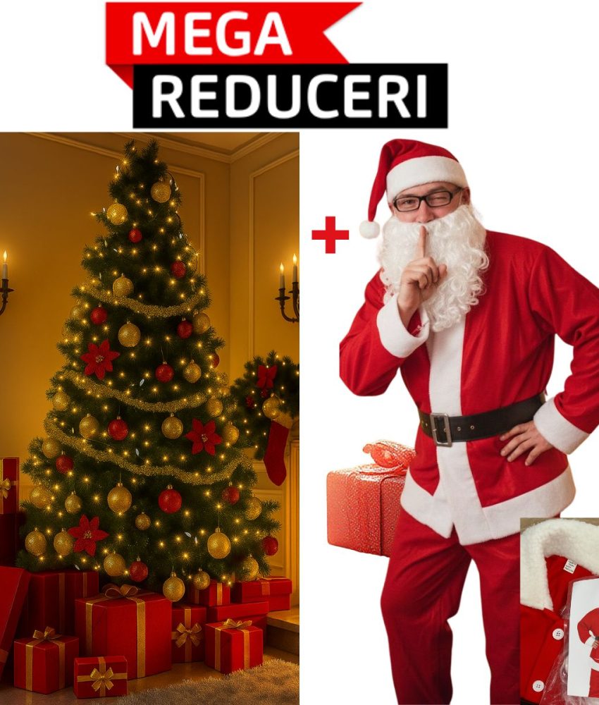 Brad artificial cu aspect brad canadian, 1,8m  + Costum complet Mos Craciun!