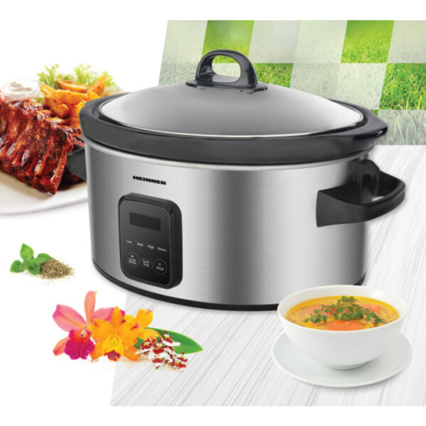 Aparat de gatit, Slow Cooker Heinner, 220 W, 5.7 L, Vas ceramic, Display LED, Timer, 3 Setari temperatura, Inox