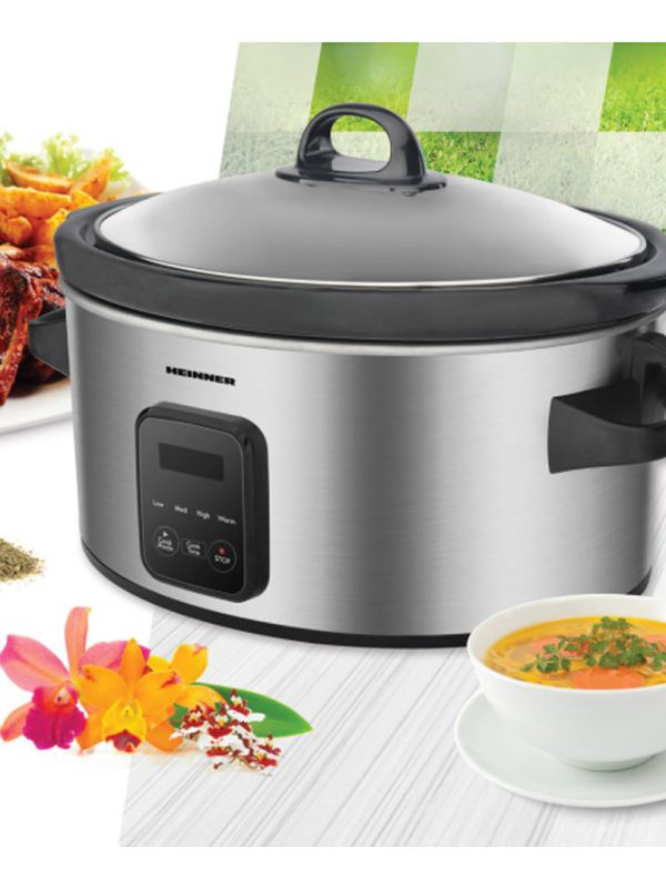 Aparat de gatit, Slow Cooker Heinner, 220 W, 5.7 L, Vas ceramic, Display LED, Timer, 3 Setari temperatura, Inox