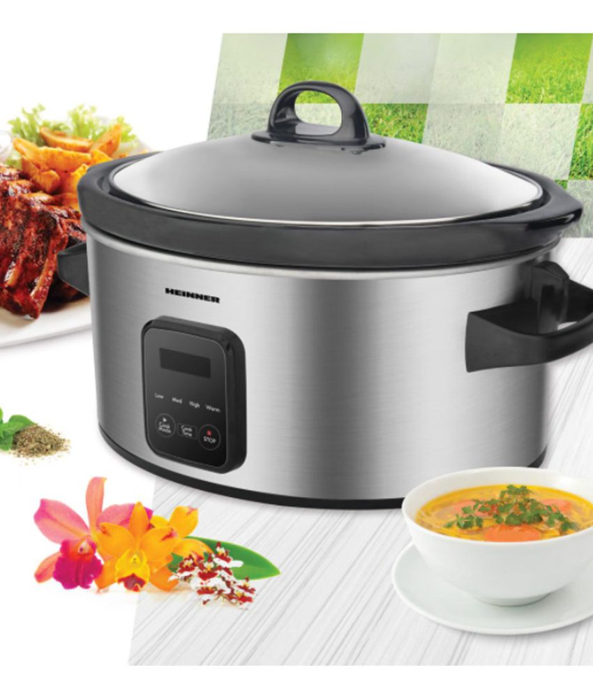 Aparat de gatit, Slow Cooker Heinner, 220 W, 5.7 L, Vas ceramic, Display LED, Timer, 3 Setari temperatura, Inox