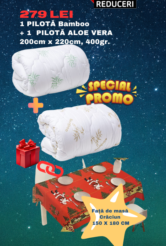 Set 2 pilote pentru toate anotimpurile! Pilota Bamboo 200/220cm, densitate 400gr + Pilota Aloe Vera, 200/220cm densitate 400 gr