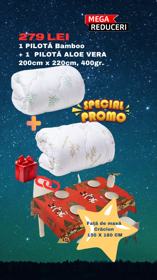 Set 2 pilote pentru toate anotimpurile! Pilota Bamboo 200/220cm, densitate 400gr + Pilota Aloe Vera, 200/220cm densitate 400 gr