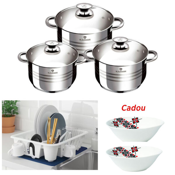 Set Vase pentru Gatit, 6 piese, Flexi Line Blaumann + Suport uscator de vase, alb + CADOU Set 2 Boluri Portelan model Etno!