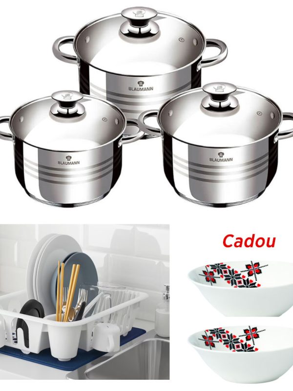 Set Vase pentru Gatit, 6 piese, Flexi Line Blaumann + Suport uscator de vase, alb + CADOU Set 2 Boluri Portelan model Etno!