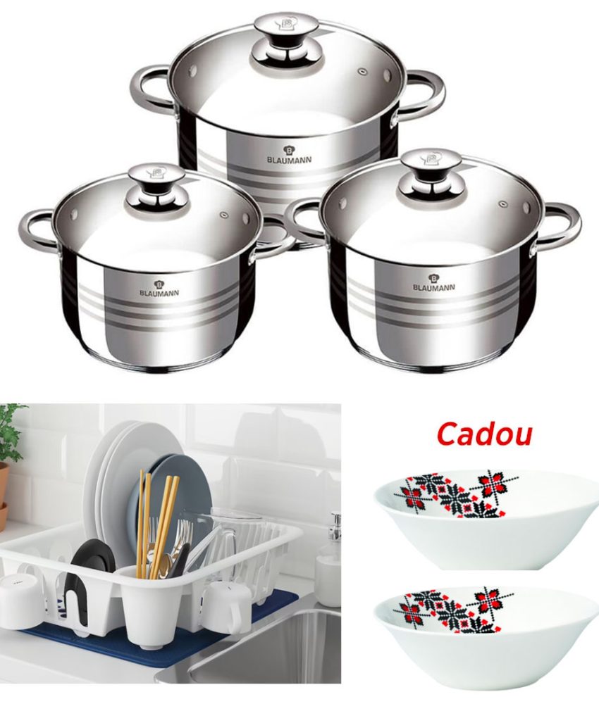 Set Vase pentru Gatit, 6 piese, Flexi Line Blaumann + Suport uscator de vase, alb + CADOU Set 2 Boluri Portelan model Etno!
