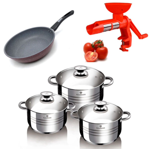Set 6 piese oale inox Blaumann Flexi Line, 3 straturi + Tigaie teflon delis 20cm + Aparat de stors rosii + Cadou storcator de citrice!
