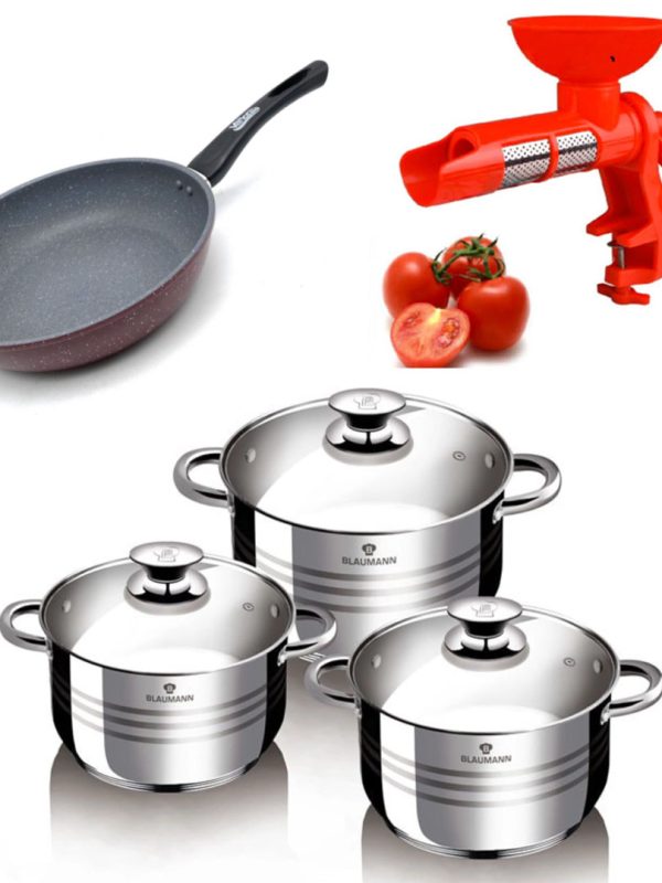 Set 6 piese oale inox Blaumann Flexi Line, 3 straturi + Tigaie teflon delis 20cm + Aparat de stors rosii + Cadou storcator de citrice!