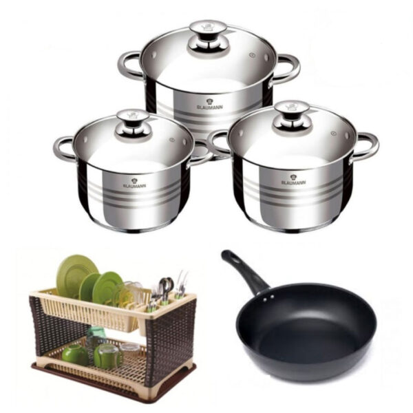 Oale cu capace, Flexi Line Blaumann, inox, 6 piese, 3 straturi + Suport de vase etajat tip ratan cu tava de scurgere + Cadou 1 Tigaie teflon Delis 20x4,7cm!